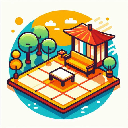 Isometric vector illustration of a park with a bench and a pavilionのイラスト素材