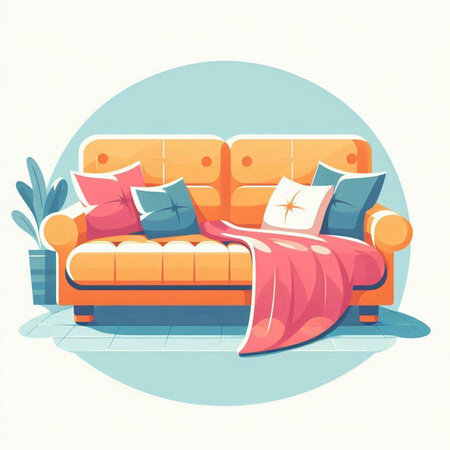 Comfortable sofa with pillows in flat style. Vector illustration.のイラスト素材
