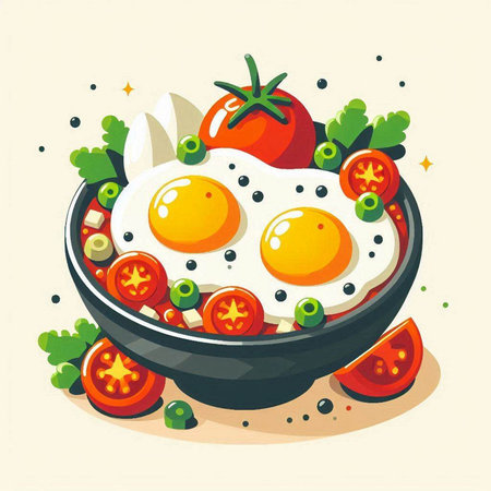 Fried eggs in a bowl with tomatoes and salad. Vector illustration.のイラスト素材