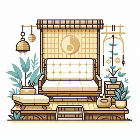 Vector illustration of a cozy terrace with a sofa, plants and lamps.のイラスト素材