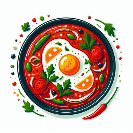Fried eggs with tomato and parsley on a plate. Vector illustration.のイラスト素材