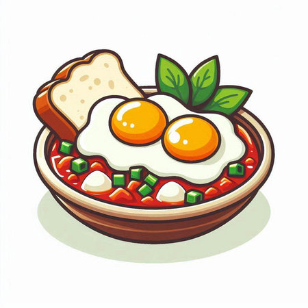 Eggs in a bowl of tomato sauce. Vector illustration.のイラスト素材