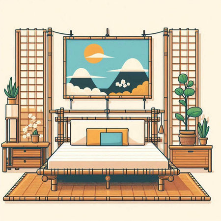 Bedroom interior. Bedroom in retro style. Vector illustration.のイラスト素材