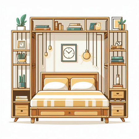 Vector illustration of a cozy bedroom with a bed, bookshelf, books and clock.のイラスト素材