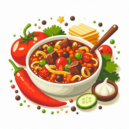 Beef stew with vegetables and spices in bowl. Vector illustration.のイラスト素材
