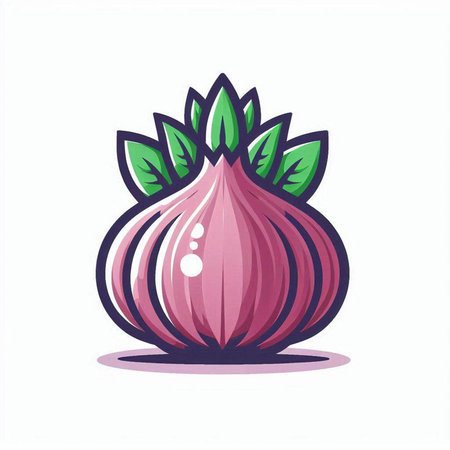 Illustration of a red onion with green leaves on a white backgroundのイラスト素材