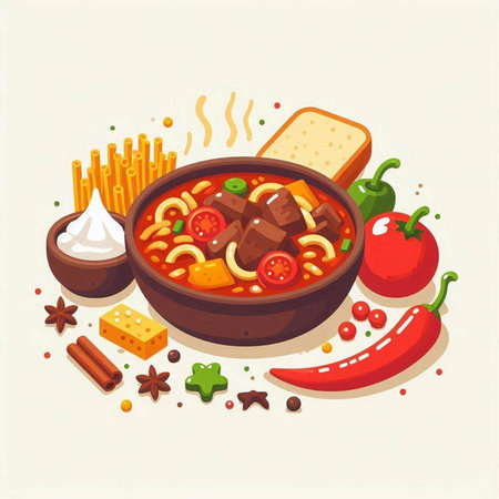 Illustration of a bowl of spicy beef noodle soup with vegetables and spicesのイラスト素材
