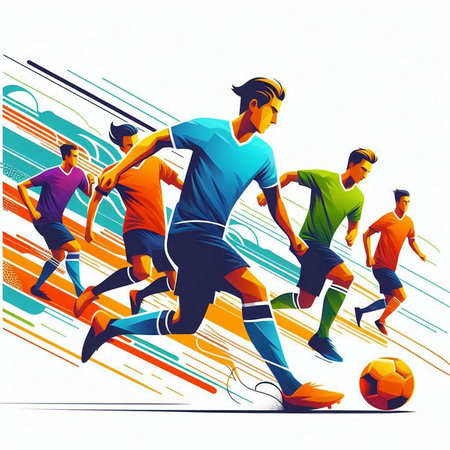 Soccer players in action, vector illustration. Colorful background.のイラスト素材
