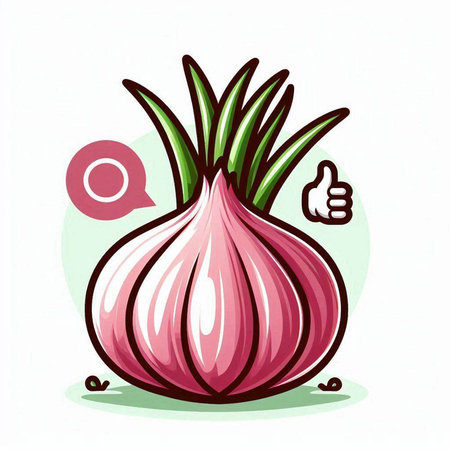 Vegetable onion with thumb up on white background. Vector illustration.のイラスト素材