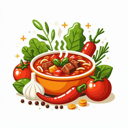 Beef stew with vegetables and spices in bowl. Vector illustration.のイラスト素材