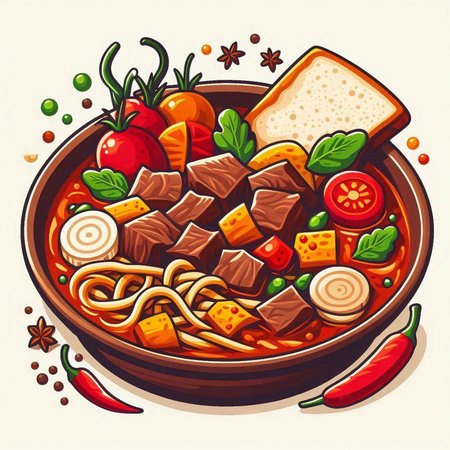 Meat stew with vegetables and spices in a bowl. Vector illustration.のイラスト素材