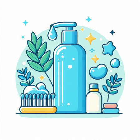 Cosmetic bottle with dispenser, soap, shower gel, sponge, cream, lotion, shampoo, bath towel. Flat vector illustration.のイラスト素材