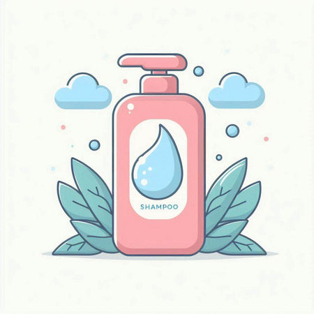 Vector illustration of hand-drawn shampoo bottle with liquid soap in flat style.のイラスト素材