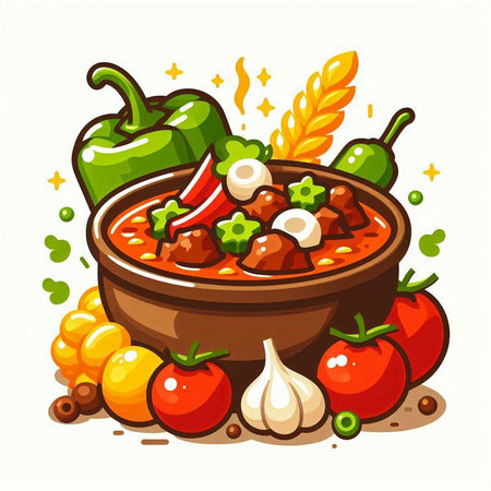 Hungarian goulash with vegetables and meat, vector illustration.のイラスト素材