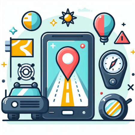 Smartphone with GPS navigation app. Vector illustration in flat style.のイラスト素材