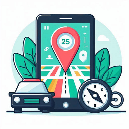 Navigation concept in flat design style. Smartphone with map, compass and car. Vector illustration.のイラスト素材