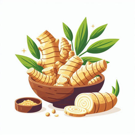 Ginger root in bowl with leaves and seeds. Vector illustration.のイラスト素材
