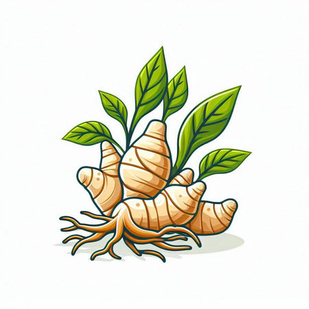 Ginger root with leaves on white background. Hand drawn vector illustration.のイラスト素材