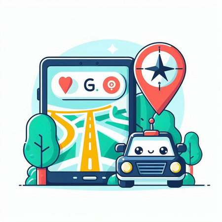 Smartphone with map and car on the screen. Vector illustration.のイラスト素材