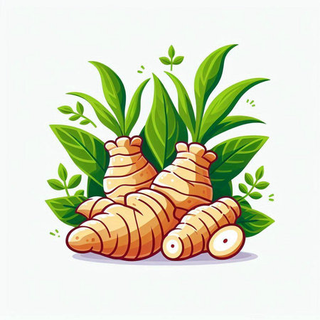 Fresh turmeric root with leaves on white background. Vector illustration.のイラスト素材