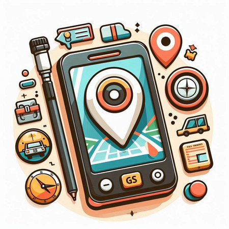 Smartphone with map and navigation icons. Vector illustration in cartoon style.のイラスト素材