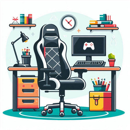 Workplace in office. Workplace with computer, chair, table and chair. Flat style vector illustration.のイラスト素材