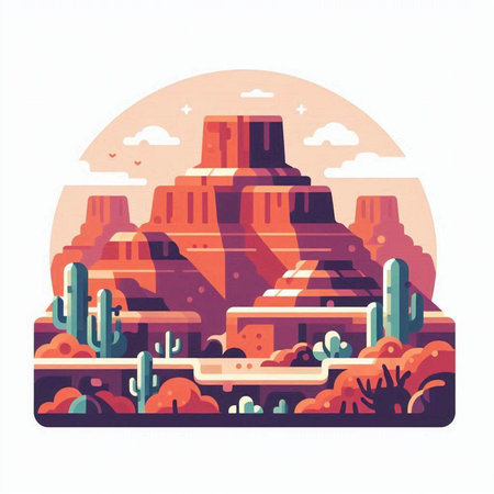 Desert landscape with mountains and cactuses. Colorful flat vector illustration.のイラスト素材