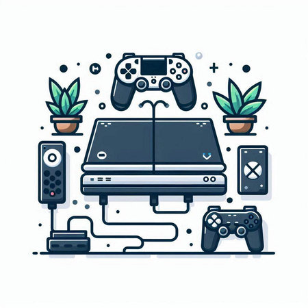 Video game console with gamepad, joystick and video game console. Modern thin line vector illustration.のイラスト素材