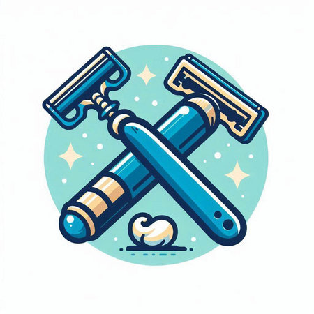 Vintage style vector illustration of shaving razor and razor blade in blue circle.のイラスト素材