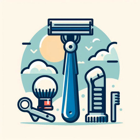 Razor and shaving accessories. Vector illustration in flat linear style.のイラスト素材