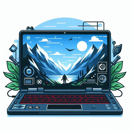 Vector illustration of a laptop with a mountain landscape on the screen.のイラスト素材