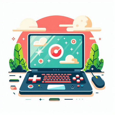 Laptop with video game elements. Modern flat design vector illustration.のイラスト素材