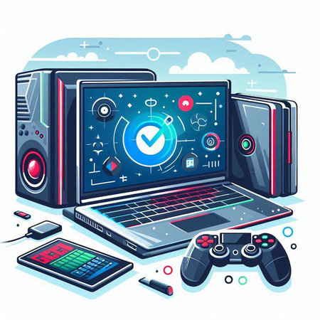 Laptop computer with gamepad, gamepad, joystick, video game console, mobile phone. Modern technology vector illustration.のイラスト素材