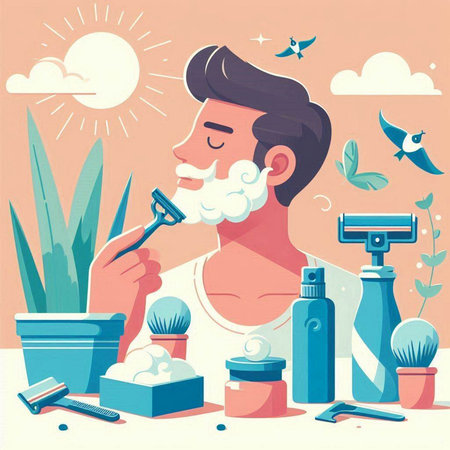 Man shaving his beard with razor and shaving foam. Vector flat illustrationのイラスト素材