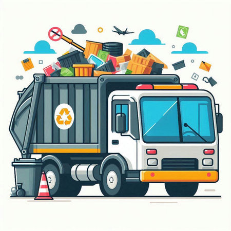 Garbage truck with garbage and waste. Vector illustration in flat styleのイラスト素材