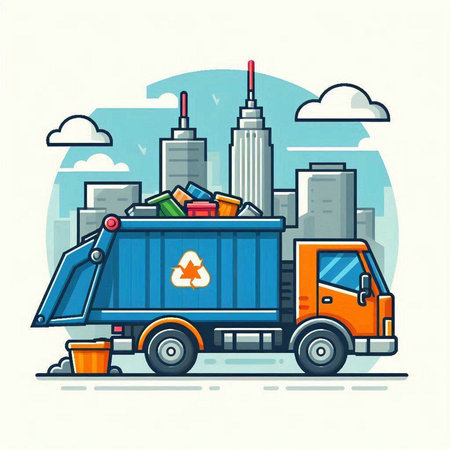 Garbage truck with garbage in the city. Vector flat illustration.のイラスト素材