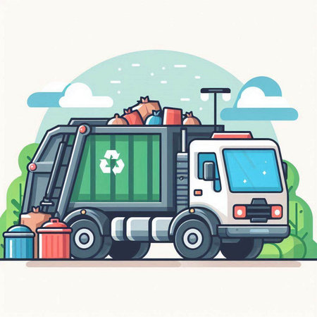 Garbage truck with garbage bags. Recycling concept. Vector illustration.のイラスト素材