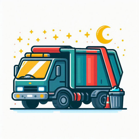 Garbage truck with trash and crescent moon. Vector illustration.のイラスト素材