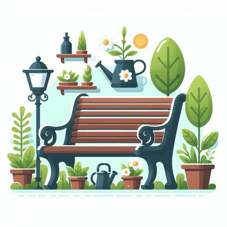 Vector illustration of a park bench with plants in pots. Flat style.のイラスト素材