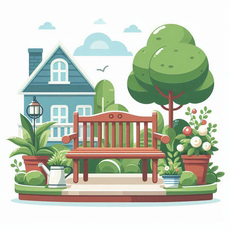 Wooden bench in the garden. Vector illustration in flat style.のイラスト素材