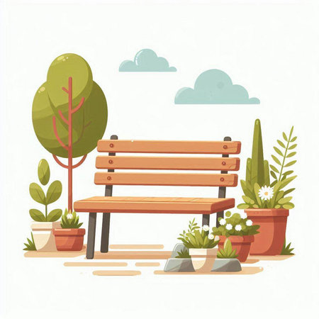 Wooden bench in the park. Vector illustration in flat style.のイラスト素材