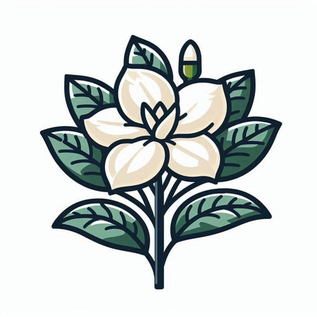 Vector illustration of a white jasmine flower with green leaves.のイラスト素材