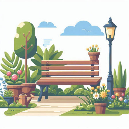 Wooden bench in the park. Vector illustration in cartoon style.のイラスト素材