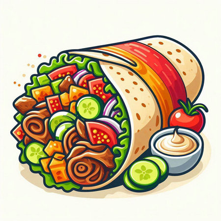 Mexican burrito with meat, vegetables and sauce. Vector illustration.のイラスト素材