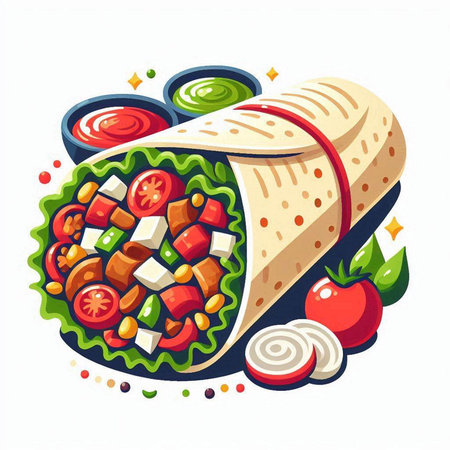 Tortilla wrap with meat, vegetables and sauce. Vector illustration.のイラスト素材