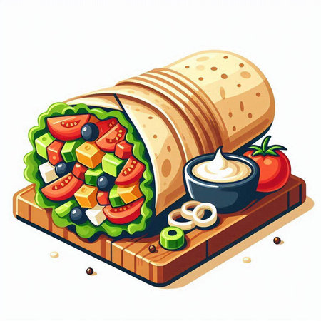 Illustration of a tortilla wrap with salad, tomato and onionのイラスト素材