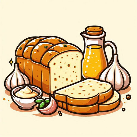 Illustration of a loaf of bread and ingredients on a beige backgroundのイラスト素材