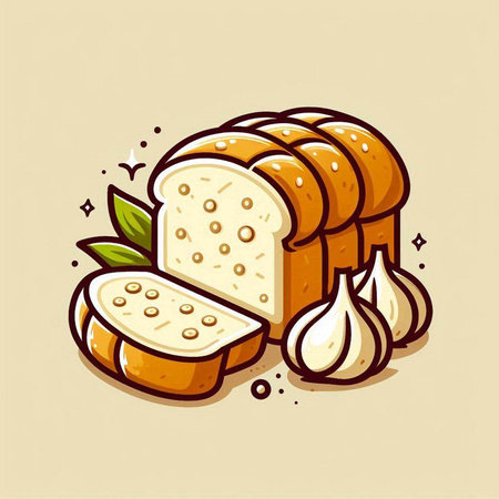 Illustration of a bread with garlic on a beige background.のイラスト素材