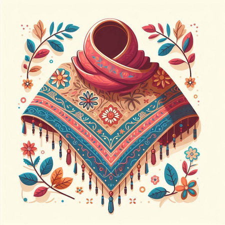 Vector illustration of a stylized shawl and a cup of coffeeのイラスト素材