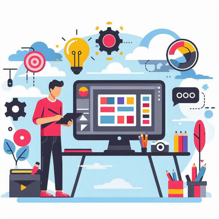 Vector illustration of man working on computer in office, flat style designのイラスト素材